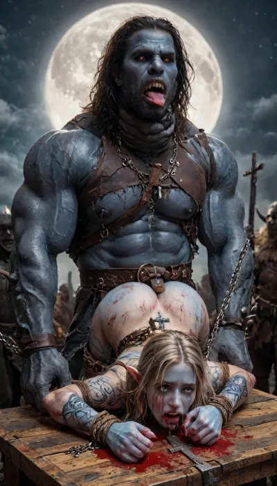 female drow elf barbarian, (blue skin:1.82), tall, angry, busty, curvy, thin waist, big boobs, big butt, slim, fit, vitiligo, strong, fur pelt armor, dungeons and dragons, purplish blue skin, black and purple hair, Dark, Elf, Warrior, Drow, tattooed, scarred, purple eyes, blue skin, amazon, giant, fur barbarian armor, bloody, blood spatter, bear, bear heart, (in a bloody filed after a battle, white full moon in the sky:1.4), (man is choking her from behind:1.4), ((hogtied, bound with large chains, crucified to a torture table, spikes through hands:1.3)), (torture:1.32), (large sharp sword in anus:1.12), cock in mouth, (brutal face fuck), Blowjob, (tears in eyes:1.5), (running makeup), (cum drips from nose:1.3), (cum drips from mouth:1.3), ultra hd, photorealistic, hyper gigantic large black cock in mouth, (((hyper gigantic large black cock in mouth:1.3))), oral cream pie, hair grab, sad crying, tongue out, gasping for air, zavy-brbrn, gangbang, double anal penetration, anal spitroast, groupsex, deepthroat, (4 gigantic African black brute thug, huge trunklike arms, huge head, hyper muscular body, dressed in slave clothes:1.32), ((hogtied, bound for sex, tied up)), (((hyper gigantic large white cock in mouth:1.3))), (pulled nipples:1.2), nipple clamps, (((spitroast))), (((hyper large cock in mouth:1.3))), screaming, shocked, deep anal penetration, Uber realistic, 8k, ultra detailed, masterpiece, arched back, detailxl, 35mm photograph, film, professional, 4k, 1girl, 5 boys, hdr, photographic, ultra realistic, ultra high details, back light, (front view), (dynamic pose), best quality, incredibly lean body, anal sex, with large muscular black men, gargantuan black cocks, large hyper muscular fat old men, (double anal sex), swollen white veiny cocks, (double anal penetration), hardcore double penetration, proper physics, big white cocks, muscular white double anal gangbang, (forceful penetrations), extremely graphic, shocked expression, beautiful hands, defeating a woman in combat, fighting, killing, blood, winning fight, magazine cover, Realism_Quality_2xx_By_Stable_Yogi, score_9, score_8_up, score_7_up, (((very pretty face:1.3))), (((extremely ultra detailed face:1.3))), perfect fingers and hands, upper body view, (extreme size difference:1.6), (ultra realistic), (maximum quality), (high resolution), (extreme detail), (ultra realism), UHD, super high quality, highly detailed, high resolution, perfect lighting, natural lighting, (dynamic angle), (random angle), (random pose), (dynamic view), (random view), golden hour, rich details, nature-inspired color palette, <lora:Dark_Elf_Warrior:2>, <lora:Drow:2>, <lora:339100_training_data:2>, <lora:zavy-brbrn-sdxl:2>, <lora:LCMTurboMix_Euler_A_fix:2>