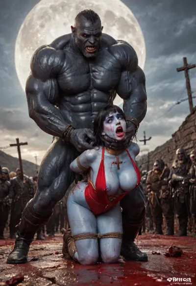 (vampirella:1.32), ((Vampirella is a tall, pale woman with a mane of raven-black hair and green eyes. Her look is that of a skimpy, red sling bathing suit barely covering her nipples and genitalia, with a golden bat emblem over the crotch. She wears an upturned white collar at her neck, long, high-heeled black boots, and a golden bracelet on one arm)), female drow elf barbarian, (blue skin:1.82), tall, angry, busty, curvy, thin waist, big boobs, big butt, slim, fit, vitiligo, strong, fur pelt armor, dungeons and dragons, purplish blue skin, black and purple hair, Dark, Elf, Warrior, Drow, tattooed, scarred, purple eyes, blue skin, amazon, giant, fur barbarian armor, bloody, blood spatter, bear, bear heart, (in a bloody filed after a battle, white full moon in the sky:1.4), (man is choking her from behind:1.4), ((hogtied, bound with large chains, crucified to a torture table, spikes through hands:1.3)), (torture:1.32), (large sharp sword in anus:1.12), cock in mouth, (brutal face fuck), Blowjob, (tears in eyes:1.5), (running makeup), (cum drips from nose:1.3), (cum drips from mouth:1.3), ultra hd, photorealistic, hyper gigantic large black cock in mouth, (((hyper gigantic large black cock in mouth:1.3))), gangbang, double anal penetration, anal spitroast, groupsex, deepthroat, (4 gigantic African black brute thug, huge trunklike arms, huge head, hyper muscular body, dressed in slave clothes:1.32), ((hogtied, bound for sex, tied up)), (((hyper gigantic large white cock in mouth:1.3))), (pulled nipples:1.2), nipple clamps, (((spitroast))), (((hyper large cock in mouth:1.3))), screaming, shocked, deep anal penetration, Uber realistic, 8k, ultra detailed, masterpiece, arched back, detailxl, 35mm photograph, film, professional, 4k, 1girl, 5 boys, hdr, photographic, ultra realistic, ultra high details, back light, (front view), (dynamic pose), best quality, incredibly lean body, anal sex, with large muscular black men, gargantuan black cocks, large hyper muscular fat old men, (double anal sex), swollen white veiny cocks, (double anal penetration), hardcore double penetration, proper physics, big white cocks, muscular white double anal gangbang, (forceful penetrations), extremely graphic, beautiful hands, defeating a woman in combat, fighting, killing, blood, winning fight, magazine cover, Realism_Quality_2xx_By_Stable_Yogi, score_9, score_8_up, score_7_up, (((very pretty face:1.3))), (((extremely ultra detailed face:1.3))), perfect fingers and hands, upper body view, (extreme size difference:1.6), (ultra realistic), (maximum quality), (high resolution), (extreme detail), (ultra realism), UHD, super high quality, highly detailed, high resolution, perfect lighting, natural lighting, (dynamic angle), (random angle), (random pose), (dynamic view), (random view), golden hour, rich details, nature-inspired color palette, <lora:Dark_Elf_Warrior:.8>, <lora:Drow:.8>, <lora:339100_training_data:.8>, <lora:zavy-brbrn-sdxl:.7>, <lora:LCMTurboMix_Euler_A_fix:.8>