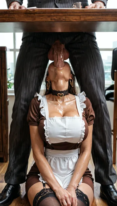Brown dress, A-line silhouette, with long or short sleeves. White apron, for festive occasions. Lace, The apron and collar were often decorated with lace. Two former bows on the head, completely under table, hiding under table and sucking her boss cock, gives a deepthroat blowjob to a man in a office under table, a man is sitting in a chair, sucking a mans dick under table, meeting, under table, heart in eyes, tall bimbo, tall woman, massive cleavage, perfect thighs, man wearing grey suit with cock outside, sitting in a chair, large cock, woman deepthroat mans cock, extremely beautiful, perfect waist, perfect glutes, fitness model, showing massive cleavage, black bra, tight clothes, eyes half closed, so smarxy and so sexy, long legs, arched back, luxury office, large window with a view over the city, pinstripe black blazer and pencil skirt, black stockings and garter belt, glasses, black choker, oiled skin, sweaty, <lora:detailed_notrigger:2>, <lora:add-detail-xl:.8>, <lora:LCMTurboMix_Euler_A_fix:.8>, <lora:677862_training_data:.8>