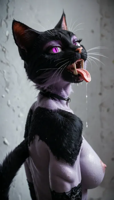 high detail, realistic, 4k, nude, (sexy gothic woman, (anthro cat woman:1.2982)), (makeup), (intense mindless gaze), (possessed), (intensely drooling), (sticking her cat tongue out, (cat tongue texture)), fangs, sharp claws, (light purple cat eyes), uberfit, muscular, from, side, human, on, anthro, feral, <lora:SDXL_Human_Male_Furry_Female:.8>, <lora:Stunning_eyes_2:.8>