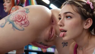 (18:3), (Masterpiece, highest quality, 8K, finest details, amazing photography, award winning, spectacular image, focus, realism, UHD), truck stop background, (model 1 absolutely gorgeous, incredibly attractive, stunningly beautiful, (super cute model:1.3), young 18 year old student, (young:1.4)), (amazing body, toned, tanned, (tight slim defined body), detailed sexy body, (short, small frame), small breasts, big hard poky nipples, sexy stomach, pierced naval, (g string:1.4)), (tight crop top, big cleavage, tube top, small tight top, random color top), (light pink latex micro skirt, (torn fishnets), printed panties), (high heels, platform boots), (blonde hair, hair clips, hair bow, hair ribbons), (pigtails, twinbuns, braid, short or long hair, side ponytail, big ponytail, elegant updo hair, fancy hairstyle, straight plain hair), pushing out chest, arched back, legs random position, visible pussy, (body 1/3, low view, very low angle), (many colorful tattoos:1.7), (big smile, excited, happy), (random focus, detailed face:1.3), (hand gestures, detailed fingers), (very aesthetic, necklaces, (rainbow bracelets), watch, key chain, (QoS tattoo), piercings, rings, rgb headphones, pink belt, purse, waist belt, thigh strap, arm band, cell phone), ((showing ass, deeply arched back, small juicy ass, body close up:1.3), detailed face 8K, detailed very tight panties), anus, clitoris, asshole licking, (tongue on asshole:1.3), (mouth on asshole:1.3), (anilingus:1.4), rimming, (saliva:1.6), (wet:1.4), (saliva strings:1.2), (detailed pubic mound:1.3), (nose on pubic mound:1.6), cinematic ambient lighting, (((extremely realistic detailed lighting, extremely realistic detailed shadows, extremely realistic detailed skin texture, extremely realistic detailed skin pores, extremely realistic detailed face, extremely realistic detailed fur, extremely realistic detailed eyes, extremely realistic detailed hair, best quality, ultra-detailed, HDR, sharp focus, highest resolution, highest resolution face, highest resolution eyes:1.4))), tongue, out, ahegao, drool, <lora:sunriseSDXL-000009:1.7>, <lora:Madison_Beer_2020_SDXL_JugX_trigger_m4d1s0n-000076:2>, <lora:Pussy_pants_nohands_D03_realvizXL2_bucket_01-000010:2>, <lora:SDXL_GodPussy_v1:2>, <lora:ahegao_mr_chrisma:2>