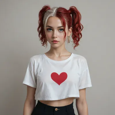 The image shows an anime-style depiction of a character with red hair styled into two pigtails adorned with white hair accessories. The character has vibrant blue eyes and is wearing a white top and black shorts with a heart-shaped tattoo near the waist. The scene is explicit, featuring intimate anatomical details and is not suitable for a general audience. The overall aesthetic is highly detailed and stylized, typical of vivid anime or manga art.