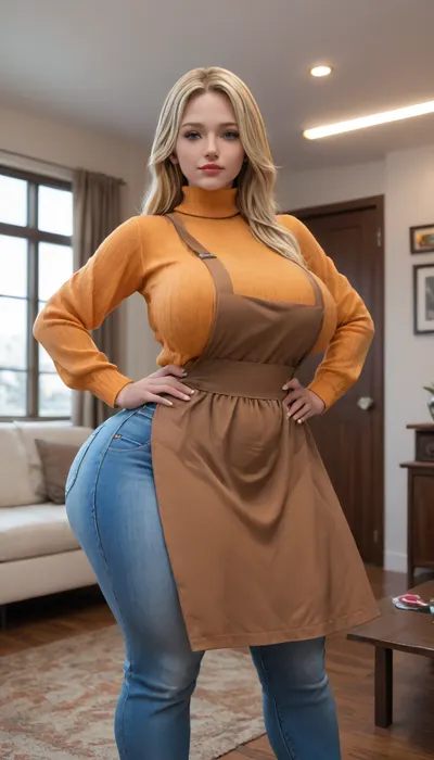 (((Emma frost))), ((milf, housewife)), (blue jeans, orange turtleneck sweater, brown apron, living room), hyper tits, hyper ass, bolted on tits, bolted on ass, snatched waist, hyper expansion tits, hyper expansion ass, full puffy puckered bimbo lips, hands on hips
