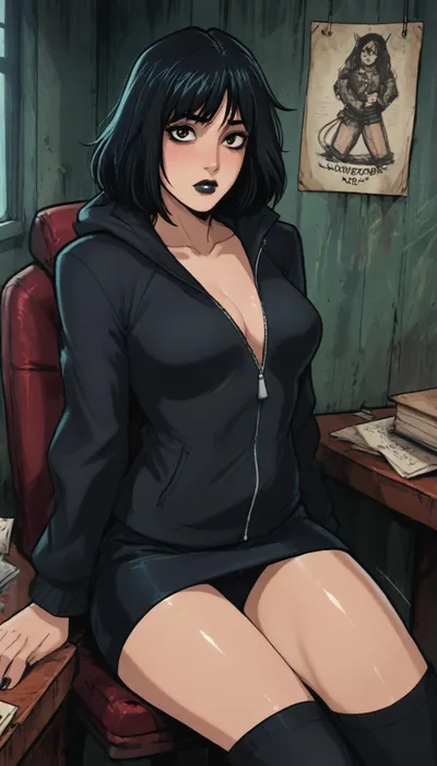 (reiq meets markgavatino artstyle:1.6), 25 year old, woman, chubby, overweight, thickset, heavy goth makeup, black lipstick, piercings, wearing skirt, thigh high socks and a black hoodie sweatshirt unzipped showing bulging cleavage, black hair in a bob, brown eyes, looking at viewer, embarrassed, scared, (sitting in office), doodle, ratatatat74, <lora:cutedoodle_XL-000012:2>, <lora:ratatatat74-000050:2>, <lora:NEOTOKIOXL_0.2_RC:2>, <lora:outline_xl_kohaku_delta_spv5x:2>