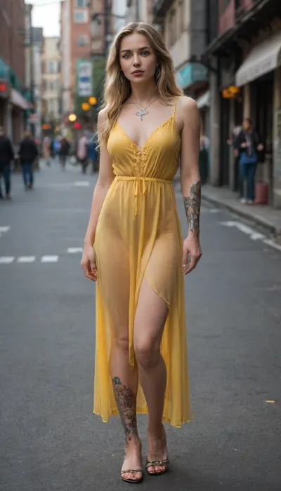 The truly blonde girl with long hair and D cup boobs. She stands in yellow summer dress on the night street in black quarter. Deep decolletage. Photo in full height. Bright Blue eyes. Slavic type. Tattoos on legs