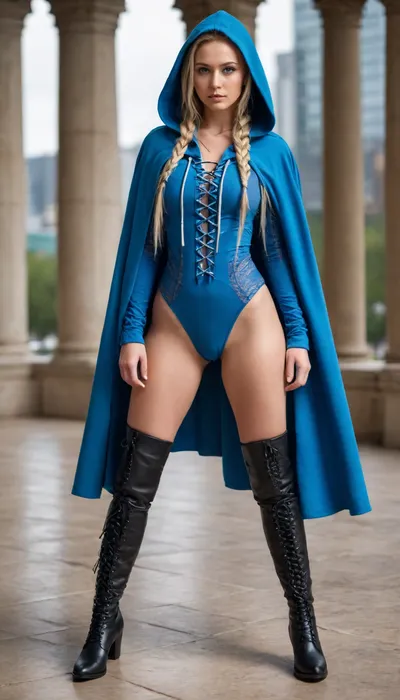beautiful woman, blonde hair braided in long braids, blue eyes, tight colored suit, hooded cape, lace-up boots, stands with legs apart, straps on her feet