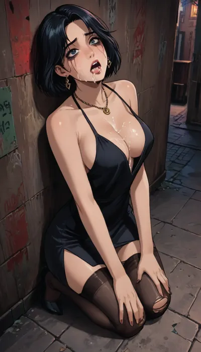 score_9, score_8, reiq meets markgavatino style, ((view from above, deep perspective)), 1girl, breasts, long black hair, side_slit, jewelry, cleavage, large_breasts, open_mouth, earrings, black_dress, plunging_neckline, long_hair, thighs, freckles, black_nails, cocktail dress, panties pulled aside, torn stockings, ((on knees, looking up at you)), ((slumped against wall)), ((behind bar, alleyway, back street, night, at night)), (ruined makeup, crying, tears in eyes), pain, grimacing, ((cum on face, cum leaking from mouth, cum on breasts)), necklace, cute, doodle, ratatatat74, <lora:cutedoodle_XL-000012:.7>, <lora:ratatatat74-000050:.6>, <lora:NEOTOKIOXL_0.2_RC:.6>, <lora:outline_xl_kohaku_delta_spv5x:.6> score_9, score_8, reiq meets markgavatino style, ((view from above, deep perspective)), 1girl, breasts, long black hair, side_slit, jewelry, cleavage, large_breasts, open_mouth, earrings, black_dress, plunging_neckline, long_hair, thighs, freckles, black_nails, cocktail dress, panties pulled aside, torn stockings, ((on knees, looking up at you)), ((slumped against wall)), ((behind bar, alleyway, back street, night, at night)), (ruined makeup, crying, tears in eyes), pain, grimacing, ((cum on face, cum leaking from mouth, cum on breasts)), necklace, cute, doodle, ratatatat74, <lora:cutedoodle_XL-000012:.7>, <lora:ratatatat74-000050:.6>, <lora:NEOTOKIOXL_0.2_RC:.6>, <lora:outline_xl_kohaku_delta_spv5x:.6>