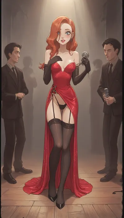 (Jack cayless art style), Jessica Rabbit stands on a dimly lit stage in a 1940s jazz club, bathed in a single spotlight. She is at a vintage microphone, her head tilted slightly, with a confident and mysterious expression. Her long, flowing red hair cascades over her shoulders, framing her face. She is wearing a dazzling, floor-length red sequined dress that shimmers in the light, dress pulled up, visible high-waisted black sheer thong, accentuating her figure, and long, elegant purple opera gloves that reach above her elbows. Black stockings with garters. The background is blurred, revealing silhouettes of a jazz band and a few tables with patrons in the smoky, dark club. The lighting is dramatic, with the spotlight creating sharp contrasts and deep shadows, emphasizing her silhouette and the sparkle of her dress and gloves. She looks at the viewer with intense embarrassment and fear, covering her bottom with her hand, viewed from behind, (cartoon), tooned, cartoon, low color palette, painted, illustration, made in illustrator, no gradients, incase style, concept, retro, futuristic, flat colors, masterpiece, <lora:ratatatat74-000050:.9>, <lora:outline_xl_kohaku_delta_spv5x:.5>, <lora:cartoon_stickers_xl_v1:.6>, <lora:NEOTOKIOXL_0.2_RC:.4>, <lora:DetailedEyes_V3:.6>