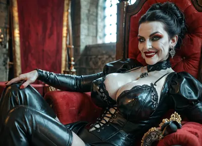 The Countess is a, (sexy GILF, beautiful older lady), evil Dominatrix, (she is a vampire, smiling, tall, square face shape, wide cheekbones, pale skin, perfect puffy lips, green eyes, straight black hair), (big massive Silicon breast, huge fake tits), wearing a black leather corset, transparent black negligee Coat, she ist sitting on a throne, medieval castle, detailed image, high resolution, resolution, highres, side view, view from side, <lora:MJ52:.6>, <lora:580159_training_data:.6>