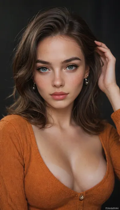 night scene, dark background, waist up portrait, (score_9, score_8_up, 1girl), sharp focus, high saturation, high contrast, high angle, focus on eyes, perfect eyes, perfect hands, brunette, heavy smokey eye makeup, very long eyelashes, mascara, eye liner, full lips, heavy glossy lipstick, elegant facial features, pale skin with deep tan and tanlines, freckles, dimples, horny girl, orange sweater, (natural breasts, cleavage, loose comfy sweater, tan lines, nipple slip, romantic esthetic, cozy bedroom, intimate moment:1.2), (seductive smile expression, freckles, blushing, flushed face, seductive pose, hand up, hand in hair:1.4), igbaddie, <lora:igbaddie-XL:1.2>, <lora:add-detail-xl:1.1>