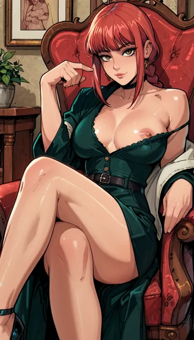8k, score_9, score_8_up, score_7_up, Reiq meets melkor mancin and markgavatino style, makima from chainsaw man, perky nipples, reclining in chair, legs crossed, big breasts, ratatatat74, cute, doodle, <lora:ratatatat74-000050:.8>, <lora:cutedoodle_XL-000012:.8>