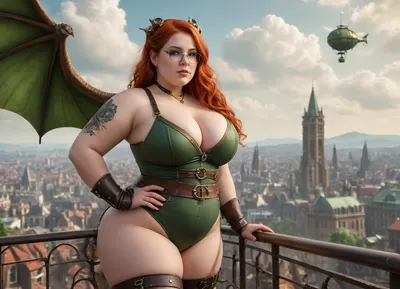 photorealistic panoramic picture, a obese young 20-year-old girl in a steam punk suit with a plunging neckline, short stacked with fat breasts, straight long red hair hanging down to her buttocks, huge bright green eyes, large canned glasses, a calm sweet smile, stands against the backdrop of a panorama of a fantasy city, a dragon and a steam airship soar in the air