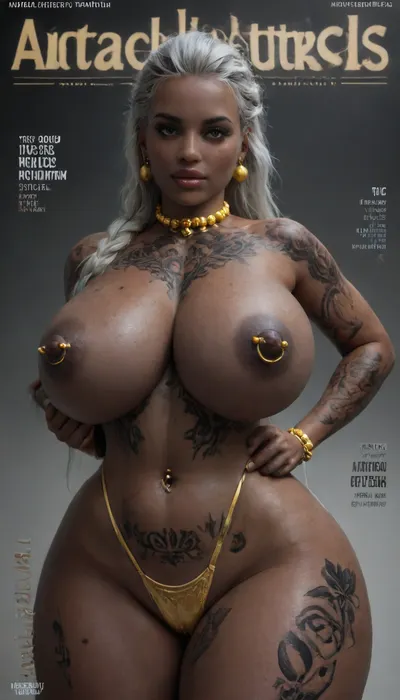 perfect Black African girl, ((Thicc body gold hip tattoos:1.6)), ((Silver Hair, golden beads choker, pierced puffy nipples, Absolutely Pitch Black Skin:1.9)), podium, lace top posing on the podium, ((Black Tits Magazine Cover, with golden beads chain thong)), ((detailed breasts skin and areolas)), epic detailed body and skin, ((huge thicc breasts, thicc huge ginormous breasts:1.4)), looking at the viewer, hair pulled back in one braid, silver hair, silver eyes, plump silicone lips, pink lips, long eyelash extensions, freckles expressive detailed eyes, ((massive broad hips:1.7)), huge_breasts, (Sensual Pose for Viewer:1), kl, jnnr, woman, full, body, tattoo, naked boobs, <lora:SDXL_MassiveCowsLoRA_v1:.7>, <lora:Microwaist_XL_v01:.4>, <lora:kl jnnr woman v1a:.9>, <lora:FBT-000002:.5>, <lora:BetterTextRedmond:.8>
