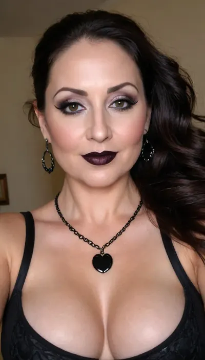sexy mature, sexy 50 years old, dark brunette hair, long wave hair, ponytail, glamour, black lipstick, gothic make up, black eyes, big hoop earrings, necklace, very fat bbw, selfie, cute shy smile face