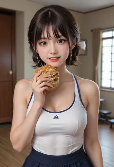 Japanese woman, 25 years old, pijama, eating breakfast, big silicone breasts, big boltedontits, big ass, white skin, smiling, fitness body, (fully clothed wearing a pijama), highest quality, masterpiece, HDR, insanely detailed photo, japanese woman