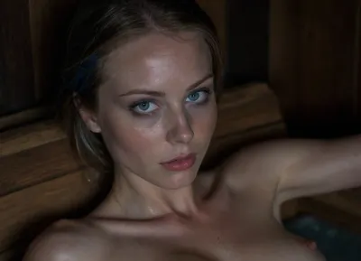 hot sauna, lying on wood, (close up breast), small flat breast, (((swollen big nipple))), enormous nipples, (((swollen areola))), (((pointy breast))), sweaty skin, Goose flesh skin, many beads of sweat on the skin, pale skin, (((wet skin))), unperfect skin, (((almond shaped blue eyes))), curved lips, bobcut hair, erotic mood, romantic orange light, view from top, natural perfect teeth, looking disgusted, interessting face, not pretty but sexy, <lora:dark:.1>