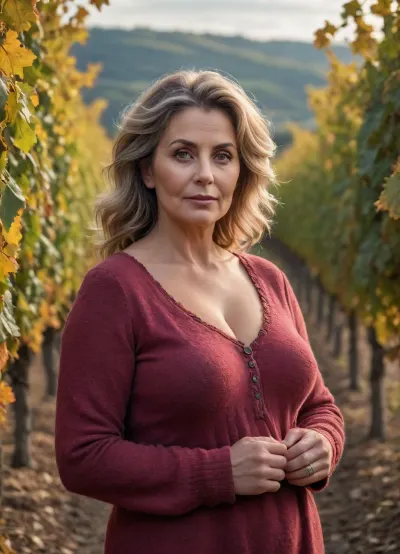 ultrarealistic, 8K HD, voluptuous 50-years old woman, detailed hair, detailed eyes, in a Alsatian vineyard, fall season, full body view