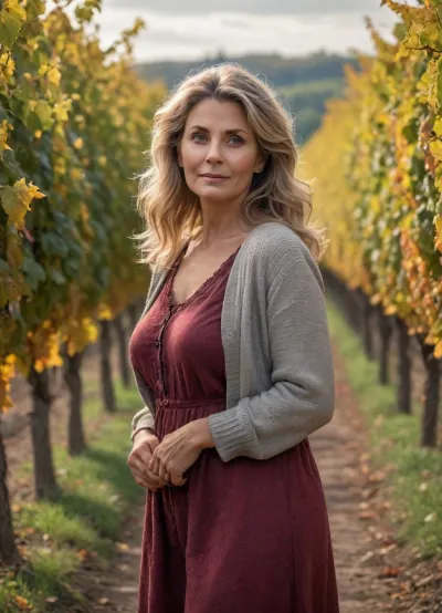 ultrarealistic, 8K HD, 50-years old woman, detailed hair, detailed eyes, in a Alsatian vineyard, fall season, full body view