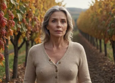 ultrarealistic, 8K HD, 50-years old woman, in a vineyard, fall season, body view