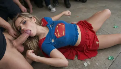 1 girl, 1 guy., ((Glowing bright green crystal shards on the floor)), . Supergirl and young policemen., ((Fucking roughly)), ((gripping tits)), ((deepthroat)), ((cumshot)), ((rough anal)), ((chocking)), ((crying)), ((holding hands)), hot. Horny., ((Drenched in cum)), . On public. Domimated. Sexual. Animal instinct., ((Laying on her back)), . On the streets. Crowded. Crowd standing around them. Watching them. Wideshot, ((fullbody)), . View from above. Supergirl is young, cute, petite, innocent, submissive, dirty, has bob haircut, blonde, filthy skin, wearing red skirt, blue top, red cape, messy hair, ruined makeup, ripped clothes, soft tits, big ass, big soft saggy tits. Tired face, perfect blue eyes, eyebags, drowsy, sleepy, ((drooling, saliva)), disgusted face, mouth open, licking. Begging, humiliated, whore slut. Detailed, high resolution. torn, fly, down, at, _______, <lora:tornclothesv6-8:.8>, bukkake, cum, <lora:MS_Real_XL_Bukkake:.8>