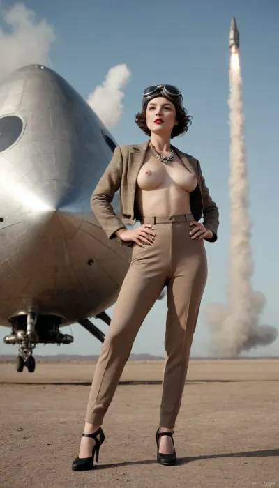 {, (Cinematic picture, full body portrait, historic photography), art-deco-spaceship, surface of an alien-planet in front of a silver spaceship, (distant view of steam and smoke in the air, alien-planet at night), }, {naked voluptuous woman 40 years old, porcelain skin, natural sagging breasts, oval areolae, wide hips, shaved pussy, dressed in 1930s trousers, tweed jacket and leather pilot headgear, high-heeled sandals, necklace, bracelets}, {Dancing gestures, streching, leaning forward, leaning back, dance poses}