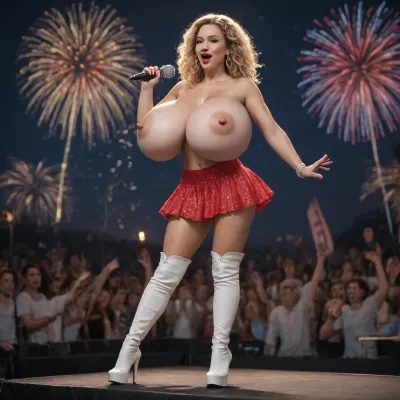 pop star topless, ((gigantic breasts)), ((large areolas)), (bright red lips), ((slim)), long blonde hair, on stage, singing, holding microphone, glittery skirt, white high heel boots, spotlights, cheering crowd, fireworks
