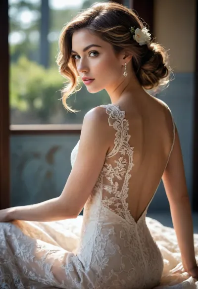 artistic, Linocut, portrait, view from back, flowers, a stunning supermodel, a beautifully detailed face with captivating eyes and a serene expression, natural beauty, flawless skin, delicate features, blends modern and traditional elements, elegant lines, vibrant colors, exquisite details, her hair is styled in an intricate and unique fashion, ethereal and timeless aura, the lighting enhances her features, creating a soft interplay of light and shadow, clarity, she is wearing a lace wedding dress, stretching pose, floating hair, breathtakingly, radiant, magnificent, engaging with space, interplay of light and shadow, beautiful colors, vibrant colorings, high dynamic, amazing depth, slow shutter speed, elaborate and elegant elements, timeless fine art. END, /#©KlTTY-ART/