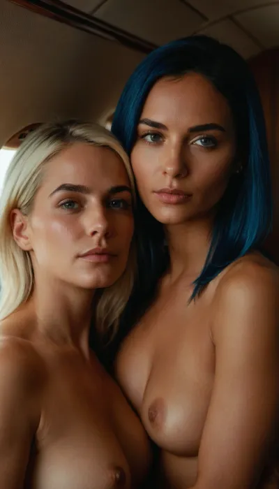 a photo of a 35 year old, (platinum blonde), woman, (naked), (shaved pussy), (with another different woman 25 years old with, (blue), hair and blue clothes, embracing intimately), small, (narrow hips, slim fit body), (beautiful normal breasts), in a private jet, (cinematic), dark, high contrast, intricately detailed eyes, real, (skin textures), light reflections in the eyes, detailed eyebrows, real skin texture, slight skin blemishes, imperfect skin, skin pores, blush, goosebumps, translucent skin, subsurface scattering, slight fine wrinkles
