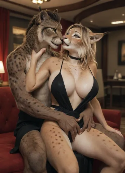 masterpiece, best quality, good quality, very awa, newest, highres, absurdres, very aesthetic, vocative composition, stylized lighting, dynamic contrasts, 1girl, 1boy, furry with furry, couple, portrait, furry male, anthro panther male, athletic male, determined male, furry female, anthro, beautiful woman, cute woman, anthro lynx woman, massive breasts, big eyes, yellow eyes, (revealing clothes:1.7), black dress, elegant dress, black choker, nightclub attire, in heat, cannot wait to get fucked, blushing, looking pleasured, turning to partner, kissing, love, holding from behind, fingering through panties, sitting, reverse upright straddle, breast slip, strap slip, (((furry art, furry anthro duo, fur)))