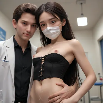 points_9, points_8, points_7, points_6, masterpiece, 8k, UHD, hospital, dark, 1 girl, Mortal Kombat Milena, (petit:1.7), 18 years-old, young body, best asian girl, slim, brown eyes, best hair, very long hair, black hair, she is naked in corset gown, mask on face, having sex with man, cum on body, grab ass, small breasts, syringe in anal