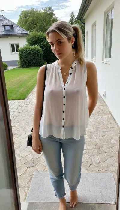 full body view, waiting at the open the door, stairs, focus face, look at the viewer, sweat, curvy, slender milf, very short, woman, 40 yo, pale skin, straight darkblond long hair, ponytail, freckles, cloudy day, germany, earrings, (very loose white sleeveless chiffon blouse with buttons), open some buttons, deep neckline, ((pookies)), jeans, barefoot, pretty Feed With veins, necklace, handbag, date, elegant, pretty, outside, modern house, garage, street, courtyard entrance, light by flash, looks like a real pic, carina, seethru, <lora:seethruv3_SDXL:.6>