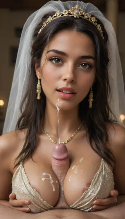 Indian bride seductress, side view, (close up), (((sexy, sensual, elegant gold head dress and jewellery))), seductress, (30 yo cum covered beautiful dark haired indian woman), (wearing black and gold traditional indian wedding satin dress), (She is giving a titjob), slim body, dark eyes, very long hair, looking at the viewer, dark lighting, candle light, eye contact, she is going to fuck you next, 34c breasts, (covered natural breasts:1), cum on tits and face, lots of cum, (horny look, excited, orgasm, moaning:1.2), (ejaculation), titjob, blowjobtitjob, <lora:add-detail-x:.5>, <lora:sunnyrayyxo_v1_SDXLBase:.5>, <lora:283625_training_data:2>