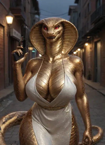 1girl, solo, jastaf, snake, anthro, red eyes, glowing shiny, gold metal skin, gold, fangs, smirk, snake tail, (((furry art, anthro snake woman, big breasts, detailed golden metallic skin))), gold skin, white dress, cleavage cutout, turtleneck dress, skirt cutout, thigh cutout, selfie, (holding handgun gold handgun:1), desert eagle, close-up, outdoors, alley, dark lighting, night, nightclub, city, BREAK
masterpiece, best quality, newest, absurdres, highres, amazing quality, very aesthetic