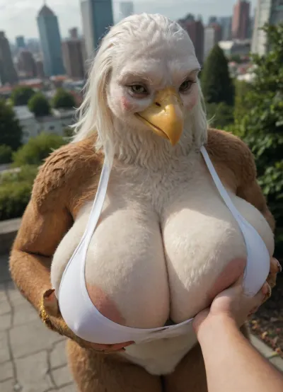 masterpiece, best quality, absurdres, highres, high quality, highly detailed, ((eagle woman, furry female anthro)), bald eagle, avian, furry female eagle, detailed feathers, fluffy feathers, brown feathers, yellow eyes, yellow beak, winged arms, arm feathers, crotch tuft, white tail, bird tail, thick eyebrows, no humans, heavy breathing, blush, (gigantic breasts:1.16), curvy, tail, white sports bra, cleavage, areola slip. dutch angle, dynamic angle, breast focus, female focus, upper body, from above, standing, top pull, grabbing another's breast, squeezing, 1boy, human, light skin, arm hair, detailed background, outdoors, depth of field, park, city, sunlight, cloud, (((furry art, furry woman)))
