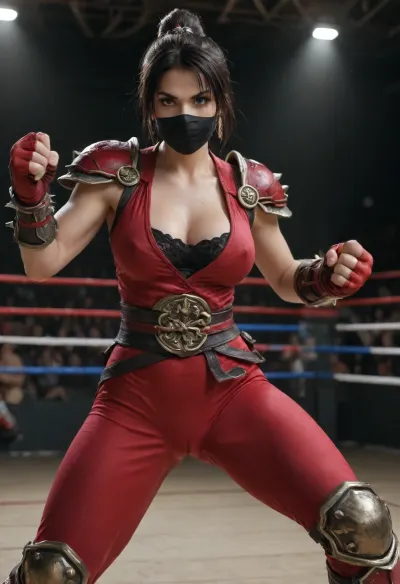 1girl, Taki, Soul Calibur, long dark hair tied back in a ponytail, (dark red face mask), very slender, sleeveless, very tight dark red bodysuit, bodysuit is very tight, (big cameltoe), cleavage, covered pointing nipples, fingerless gloves, spiked armored bracers, spiked knee guards, spiked shoulder pads, fists clenched, fight pose, legs spread, leaning angle, <lora:SDXL high detailed. LoRA_SDXL_ARW_0010:.8>, fight, stance, drunken, fist, high, kick, split, <lora:drunken-fist03:.8>, <lora:add-detail-xl:.8>