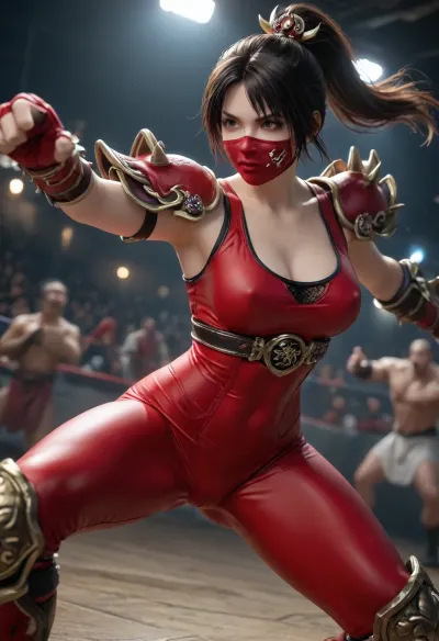 1girl, Taki, Soul Calibur, long dark hair tied back in a ponytail, (dark red face mask), very slender, sleeveless, very tight dark red bodysuit, bodysuit is very tight, (big cameltoe), cleavage, covered pointing nipples, fingerless gloves, spiked armored bracers, spiked knee guards, spiked shoulder pads, fists clenched, fight pose, legs spread, leaning angle, <lora:SDXL high detailed. LoRA_SDXL_ARW_0010:.8>, fight, stance, drunken, fist, high, kick, split, <lora:drunken-fist03:.8>, <lora:add-detail-xl:.8>