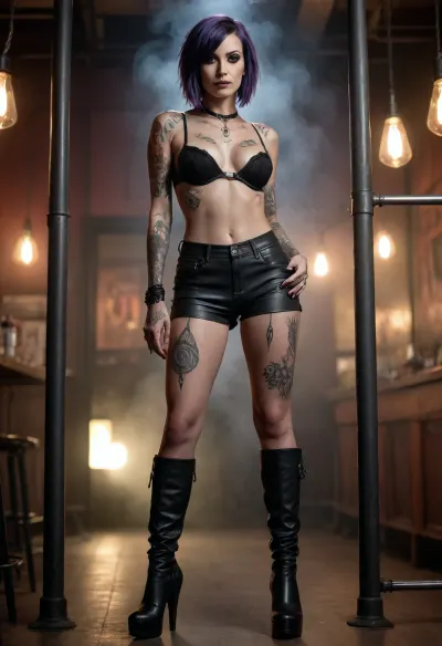 40-year-old woman, goth, slender, tattoos, wearing hotpants, naked, sexy pose, leaning on bar, dark lights, smoke in the air, high quality, boots on feet, piercings