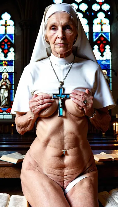 Very old granny nun, 69 years old, nude, wrinkly body, saggy hanging breasts, pierced nipples, cross dildo, nipple ring, kneeling before an altar, praying, hairy pussy, holding a book, crucifix, church cathedral stained glass windows, priests are fingering her pussy, piercing, ring, <lora:nippleRing:.6>