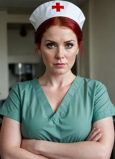 A nurse very strong big milf, short bright red hair, (very wet hair), chubby very powerful body, very big strong shoulders, Very strong wide forearms.A very strong very powerful broad-shouldered woman.
A closed green surgical uniform of a nurse with half-covered shoulders, a gray dirty bra is visible.
Very freckled.She very evil, looks at me very angrily, with a hateful look from under his brows and frowns.
super realistic
