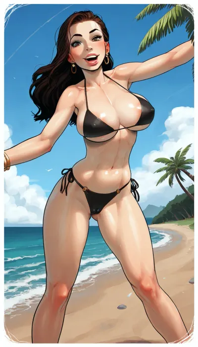 a beautiful caucasian woman on a beach near the shore with massive tits and ass, sexy, happy, laughing, smiling, a beautiful beach with lush palm trees, sand, waves, 3/4 body view, ample breasts and ass, wearing a very small tight one piece string bikini, a beautiful voluptious figure, giant heavy hanging tits, beautiful large buttocks, long brunette hair, big detailed eyes, big thick lips, a beautiful fit body, abs, muscle definition, sweat glistened, sweaty, sunkissed skin, perfect teeth, sexual posing, posing sexually, suggestive angles, super close up shot of her lower face and sexy body, action shots, incase, big breasts, huge hips, thick thighs, cameltoe, pokies, big black pupils, skin detail, curvy babe, venus dimples, tiling, large, breasts, big, boobs, huge, tits, CuteCartoonAF, Cute, Cartoon, sensual, sexual, suggestive., <lora:287175_training_data:.1>, <lora:bombshell_v2:1>, <lora:CuteCartoonRedmond-CuteCartoon-CuteCartoonAF:.1>, <lora:EnvyCelShadedXL01:.8>