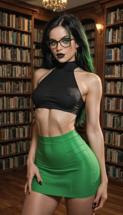 Realistic, Sexy Thick Shego 21 yo., beautiful small breasts, extreme waist, thick hips, extremely wide hips, extremely beautiful, slut, bimbo lips, beautiful face, cute glasses, deep cleavage, green eyes, medium black hair, black lipstick, bdsm slut, extremely bulge ass, bubble butt, seductive pose, standing, (Librarian:1.8), sexy black crop-top, green skirt, no_bra, University, Library, 41sl3, <lora:University_Library_41sl3:.8>