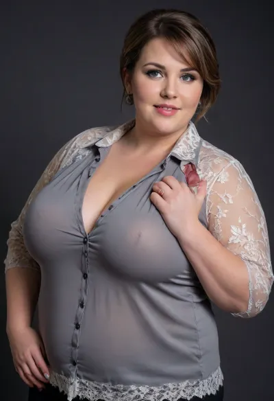 (Close-up:1.4), focus on cleavage, portrait photo a chubby woman, (ssbbw:1.2), perfect face, ((fat ginormous huge bosom, very limp)), ((oversized cloths, dreamy lace)), tulle, presenting cleavage, fat round face, flushed cheeks, double chin, strong jawline, strong broad fat shoulders, fat strong arms, 30 years old milf, blue eyes, (light brunette pixie haircut), (straight hair), joyful smile, looking at viewer, (leaning towards viewer), (solid dark grey background:1.3), low level shoot, film grain, style by Flora Borsi, OverallDetail, (fully clothed), ((loose, see through oversized shirt)), leaning, forward, ((shot from side)), plump, skindentation, chubby, bbw, venus, body, sfw, large, breasts, big, boobs, huge, tits, <lora:Chubby BBW - XL:.8>, <lora:bombshell_v2:.8> (Close-up:1.4), focus on cleavage, portrait photo a chubby woman, (ssbbw:1.2), perfect face, ((fat ginormous huge bosom, very limp)), ((oversized cloths, dreamy lace)), tulle, presenting cleavage, fat round face, flushed cheeks, double chin, strong jawline, strong broad fat shoulders, fat strong arms, 30 years old milf, blue eyes, (light brunette pixie haircut), (straight hair), joyful smile, looking at viewer, (leaning towards viewer), (solid dark grey background:1.3), low level shoot, film grain, style by Flora Borsi, OverallDetail, (fully clothed), ((loose, see through oversized shirt)), leaning, forward, ((shot from side)), plump, skindentation, chubby, bbw, venus, body, sfw, large, breasts, big, boobs, huge, tits, <lora:Chubby BBW - XL:.8>, <lora:bombshell_v2:.8>