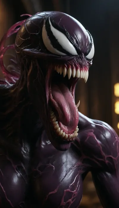 Hyperrealistic art, venom is a purple character with a large mouth, venom symbiote, 8 k cg render, venom, carnage, symbiote, 8k render, hyperreal highly detailed 8 k, 8 k high detail concept art, huge big breasts, hyper real render, 3 d render character art 8 k, 8k octane render, 8 k octane render, high detail 8 k render . Extremely high-resolution details, photographic, realism pushed to extreme, fine texture, incredibly lifelike, <lora:She-Venom-FFusion.LORA:1>