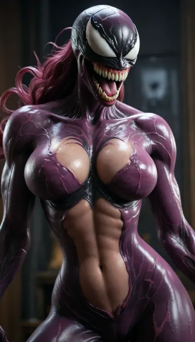 Hyperrealistic art, venom is a purple character with a large sexy grin, venom symbiote, 8 k cg render, venom, carnage, symbiote, 8k render, hyperreal highly detailed 8 k, 8 k high detail concept art, huge big breasts, hyper real render, 3 d render character art 8 k, 8k octane render, 8 k octane render, high detail 8 k render . Extremely high-resolution details, photographic, realism pushed to extreme, fine texture, incredibly lifelike, holding her large breasts, <lora:She-Venom-FFusion.LORA:1>
