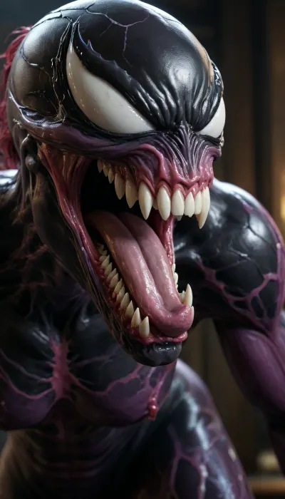 Hyperrealistic art, venom is a purple character with a large mouth, venom symbiote, 8 k cg render, venom, carnage, symbiote, 8k render, hyperreal highly detailed 8 k, 8 k high detail concept art, huge big breasts, hyper real render, 3 d render character art 8 k, 8k octane render, 8 k octane render, high detail 8 k render . Extremely high-resolution details, photographic, realism pushed to extreme, fine texture, incredibly lifelike, <lora:She-Venom-FFusion.LORA:1>