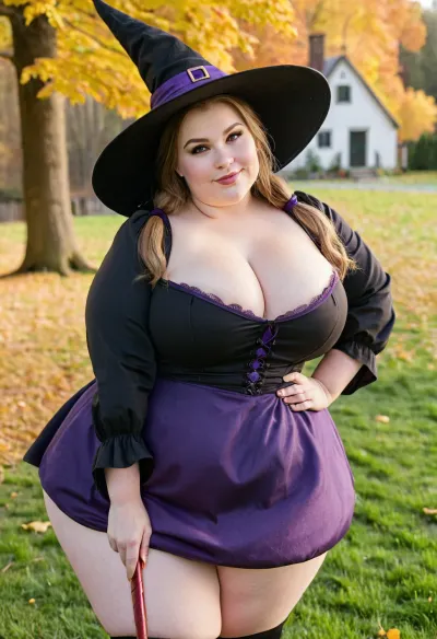 (Close-up:1.2), (Portrait:1), extremely detailed, candid picture, realistic photograph of a cute, chubby, 30-year old witch, Caucasian American, pale skin, big witch hat, big chubby face, Flushed Cheeks, eye liner, lipgloss, massive bust, pretty round face, light brown hair, PonyTail, (detailed chubby face), (purple black witch dress), flirty smile, happy expression, holding broomstick, standing on lawn of hounded mansion, autumn, golden sunshine, fully clothed, chest, big, breasts, huge, gigantic, wide, thick, plump, female, shoulders, extra, shot from side, <lora:Venus_Body_Alpha:.3>, <lora:SDXLHighDetail_v6-000005:.8>