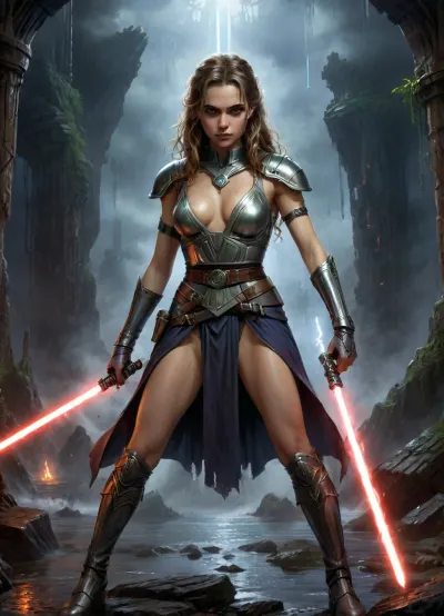 The film poster under scrutiny is a meticulously crafted work that captures the atmospheric essence of a dark fantasy from the 1980s, blending traditional painting techniques with the bold graphic elements of the era. The title, in large, luminescent metallic letters, evokes a neon or fire-inspired effect, perfectly aligning with the fantasy-adventure aesthetic of the time. Below, a tagline adds an ominous tone, such as "Beyond the veil of dreams, nightmares awaken…" or "She crossed into their world—now they won’t let her leave." The rich, dramatic color palette features deep blues, purples, and glowing golds, accentuated by high-contrast lighting for a powerful visual impact.

At the center, a distressed nude female warrior protagonist stands in a dynamic, almost cinematic pose. Her flowing cloak or medieval-inspired garment is adorned with modern 1980s touches like armor shoulder pads and a wide belt. Her voluminous, windblown hair frames her face, conveying expressions of horror and determination. One hand is defensively raised, while the other grips an ancient dagger or glowing artifact, symbolizing her fight against the impending threat.

The antagonist, an otherworldly creature, looms ominously in the background. This entity could be a shadowy, horned demon with luminous eyes and gnarled claws or a skeletal knight in obsidian armor, wielding a sword dripping with an unnatural mist. Its form shifts between reality and illusion, suggesting an existence beyond the ordinary plane. Ethereal, glowing runes circle the monster, symbolizing its connection to dark magic and its role as a conduit for otherworldly forces.

The backdrop seamlessly blends surreal fantasy with nightmarish horror. A stormy sky is illuminated by unnatural lightning, casting dramatic shadows across the jagged silhouette of a dark castle perched precariously on a cliffside. Below, a crumbling stone bridge leads into a swirling vortex, flanked by sinister hooded figures with obscured faces. On the periphery, creeping tendrils of darkness reminiscent of living shadows slither across the landscape, amplifying the sense of impending dread.

highly detailed opened Jedi costume, (beige fishnet stockings:1.2), (cape:1), slender, slim waist, long brunette matted dreadlocks, flat breasted, sweating skin, dirt, perfect tanned skin, lucky charm necklace, (perfect lightsaber:1.5), perfect hands, belt, highly detailed face, desert, floating warm sunlight, Background, (millennium falcon), R2-D2, shipyard, many droids Background, many droids, intricate detail, highly detailed, breathtaking, panoramic, cinematic, (3D, Framed, Woman), Macabre, FRESHIDEAS, Real, Photography, 2#, downblouse, nipslip, <lora:FRESHIDEAS Real Photography 2#:.9>, <lora:xl_more_art-full_v1:.8>, <lora:detailed_notrigger:.9>, <lora:RealDownblouseXL2:.4>