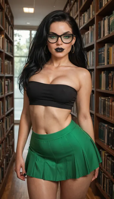 Realistic, chubby curvy Shego 21 yo., beautiful small breasts, hourglass waist, thick hips, extremely wide hips, extremely beautiful, slut, bimbo lips, beautiful face, cute glasses, deep cleavage, green eyes, medium black hair, black lipstick, bdsm slut, extremely bulge ass, bubble butt, seductive pose, standing, (Librarian:1.8), sexy black crop-top, green skirt, no_bra, University, Library, 41sl3, <lora:University_Library_41sl3:.8>