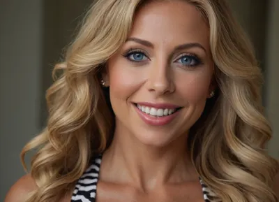 ultrarealistic, 8K HD, voluptuous 55-years old woman wearing zebra swimsuit, face like Madison Ivy, very long blond wavy hair, deep blue eyes, smiling, (portrait close-up:1.5)