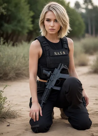 Side view, low angle, 8k, professional photography, cinematic lighting, best quality, ultra-detailed, fine detail, pixel perfect.

A flawlessly beautiful 22 year old woman. Slim supermodel body, medium breasts, slim legs, blonde hair, short bob, very straight hair. Wearing black SAS fatigue, black tee-shirt, black bulletproof vest, long black cargo trousers, black boots, sand, bushes, laying on her front aiming a sniper rifle, iraq